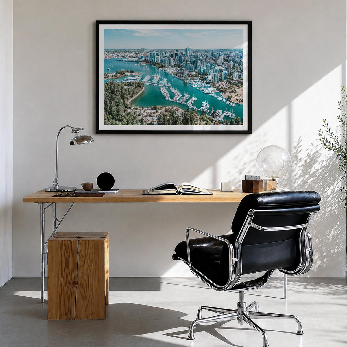 Vancouver, Canada colorful photo poster of Canada – horizontal wall art in black wood frame with white border, hanging on wal