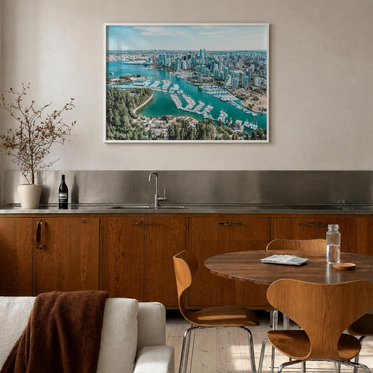 Vancouver, Canada colorful photo poster of Canada – horizontal wall art in white wood frame, hanging on wall