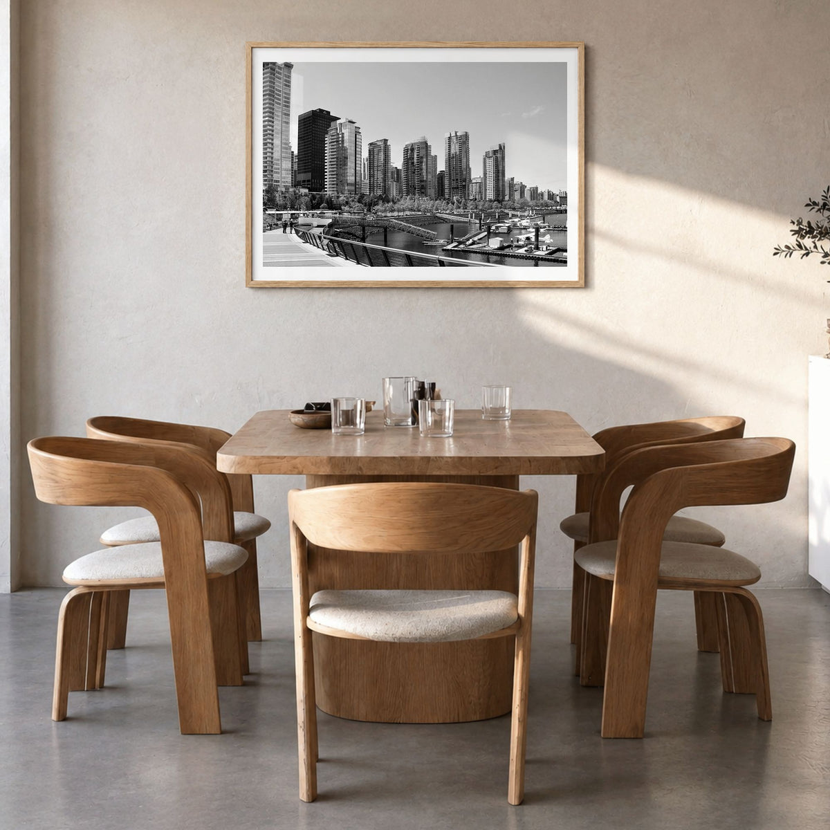 Vancouver, Canada Photo Poster in a natural wood frame, hanging in a dining room, white border