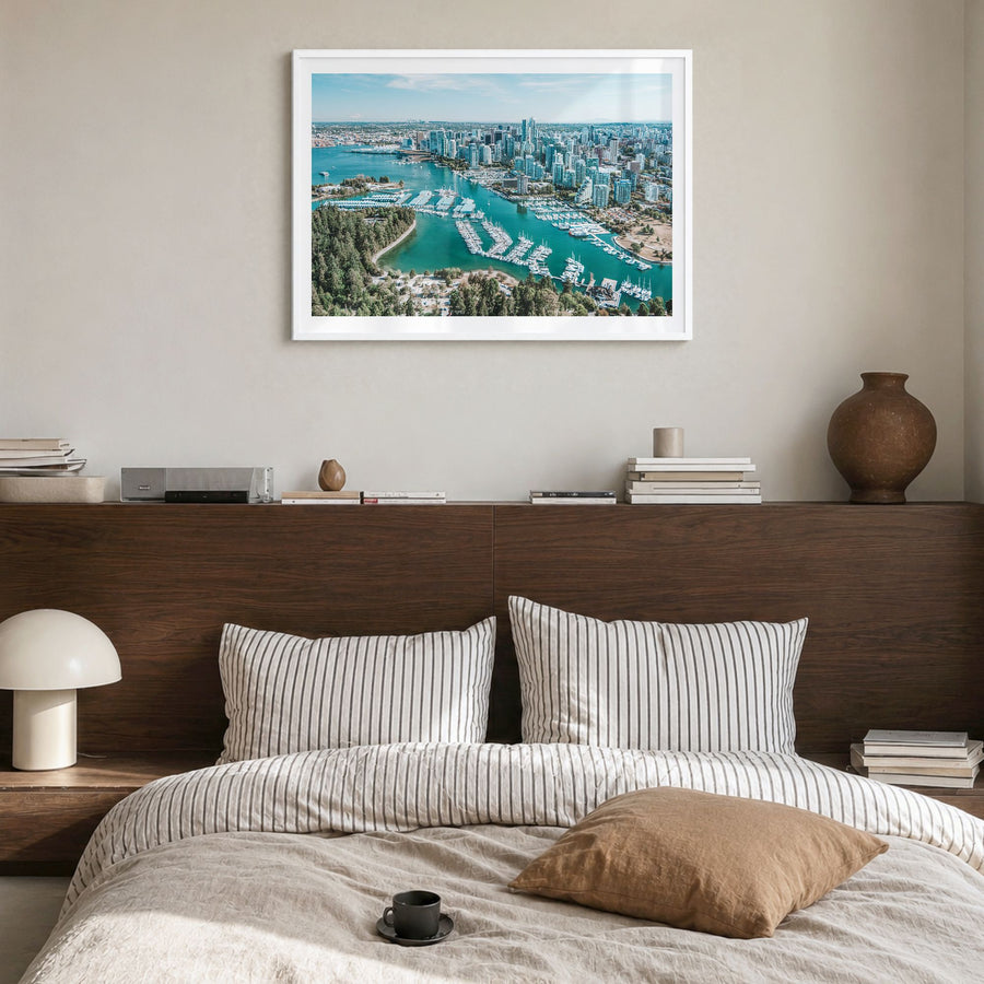 Vancouver, Canada Photo Poster in a white wood frame, hanging in a bedroom, white border