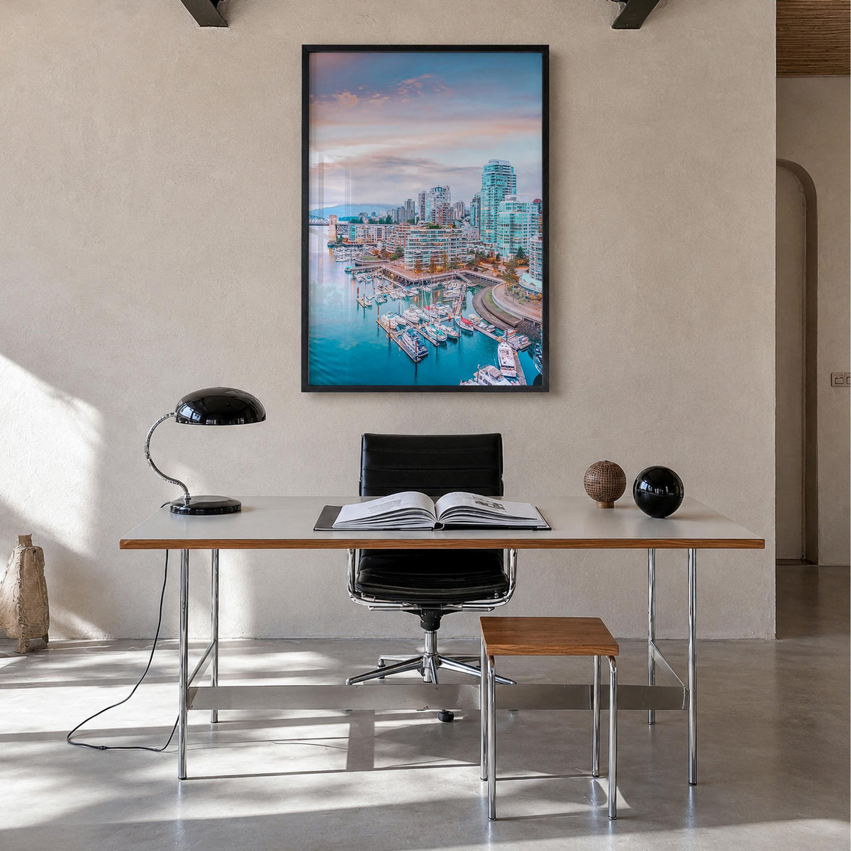 Vancouver, Canada no. 1 colorful photo poster of Canada – vertical wall art in black wood frame, hanging on wall