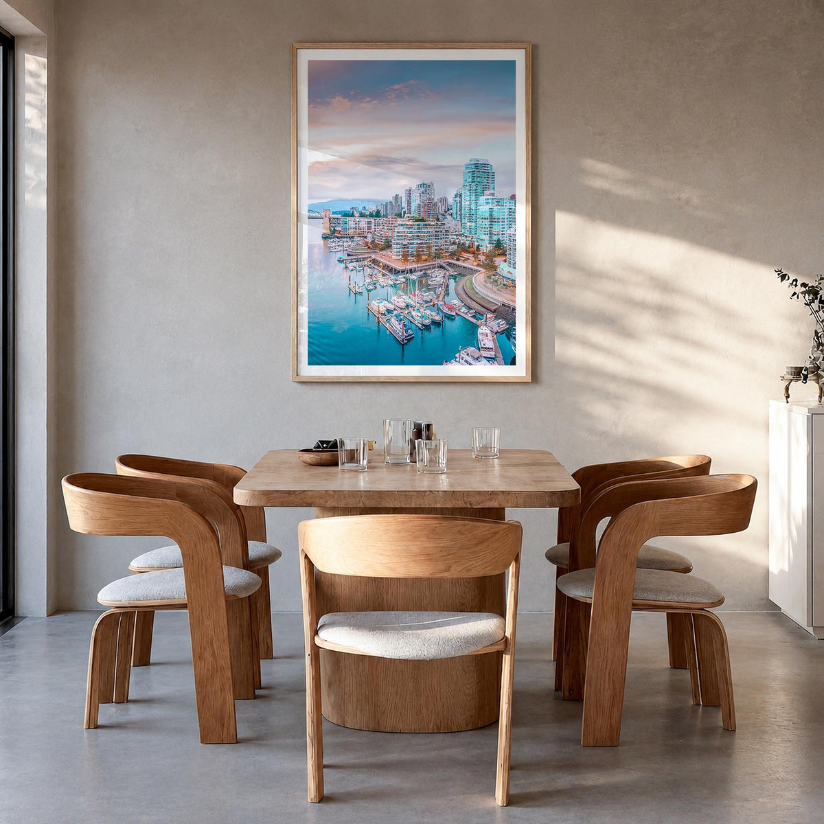 Vancouver, Canada no. 1 colorful photo poster of Canada – vertical wall art in natural wood frame with white border, hanging 