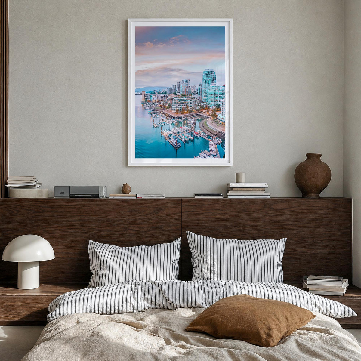 Vancouver, Canada no. 1 colorful photo poster of Canada – vertical wall art in white wood frame with white border, hanging on