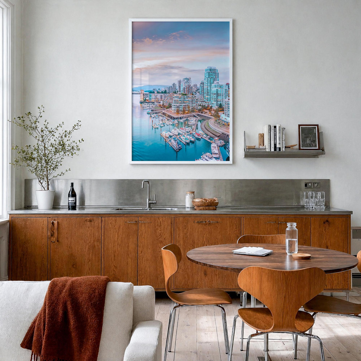 Vancouver, Canada no. 1 colorful photo poster of Canada – vertical wall art in white wood frame, hanging on wall