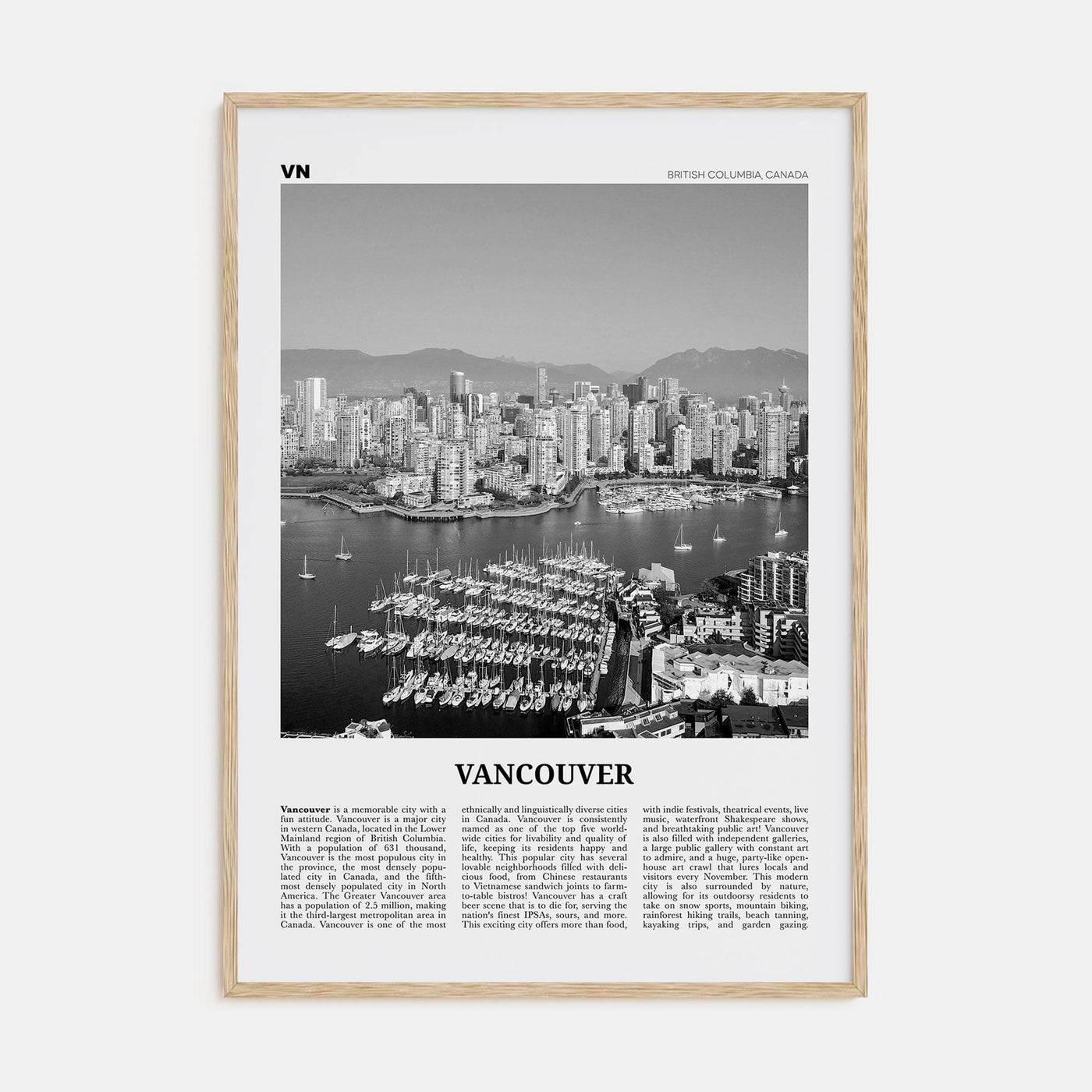 Vancouver, Canada No 1 Poster Natural Wood / 8x12 in Nbourhood Travel B&W Poster