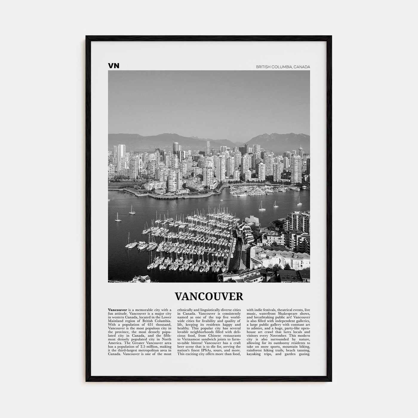 Vancouver, Canada No 1 Poster Black Wood / 8x12 in Nbourhood Travel B&W Poster