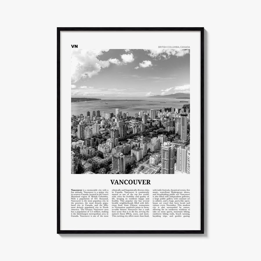 Vancouver, Canada no. 2 black & white newspaper poster of Canada – vertical wall art, unframed print shown in interior mockup