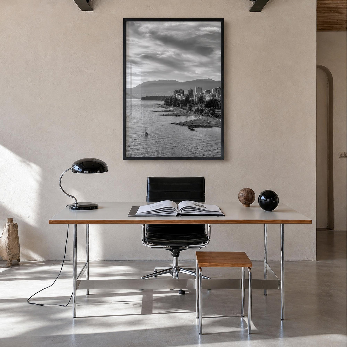 Vancouver, Canada no. 2 black & white photo poster of Canada – vertical wall art in black wood frame, hanging on wall