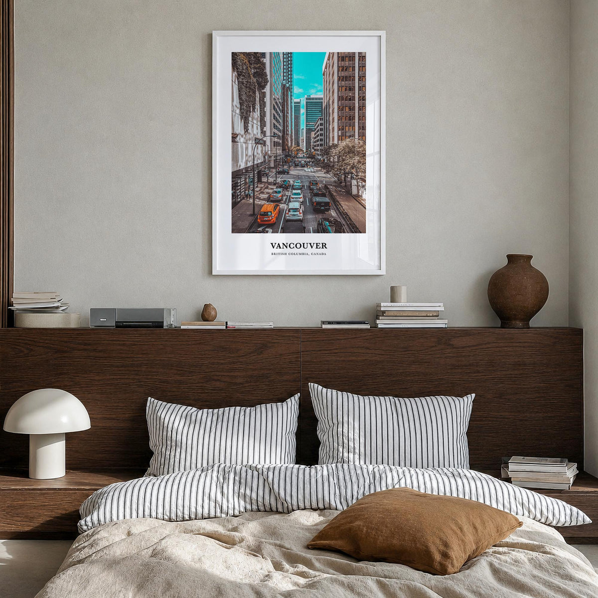 Vancouver, Canada no. 2 colorful classic poster of Canada – vertical wall art in white wood frame, hanging on wall