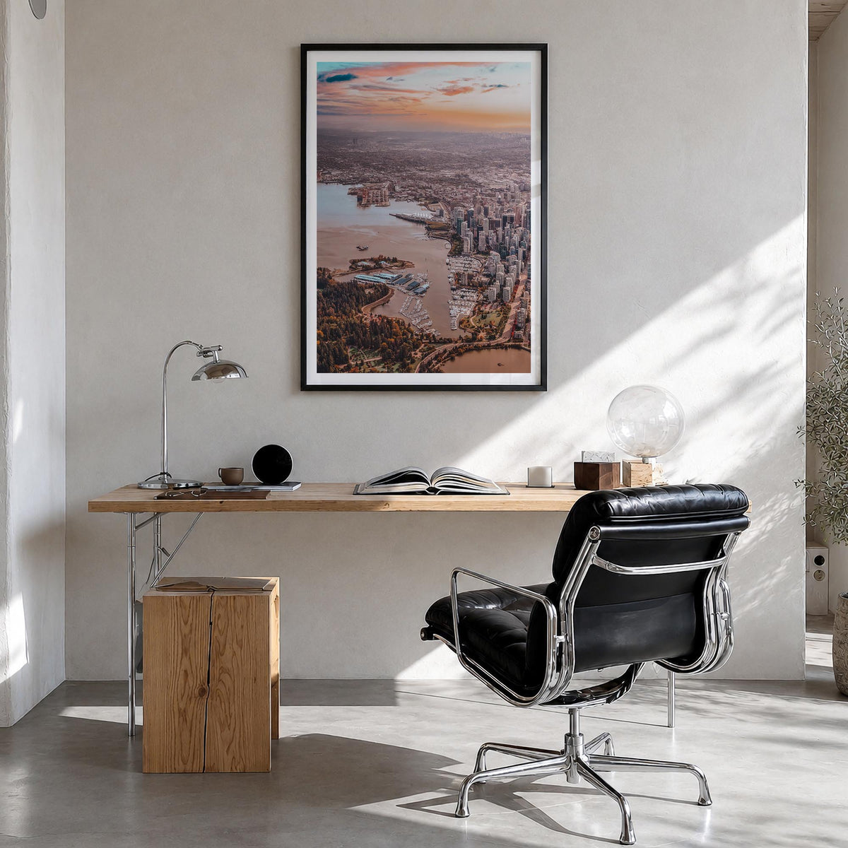 Vancouver, Canada no. 2 colorful photo poster of Canada – vertical wall art in black wood frame with white border, hanging on