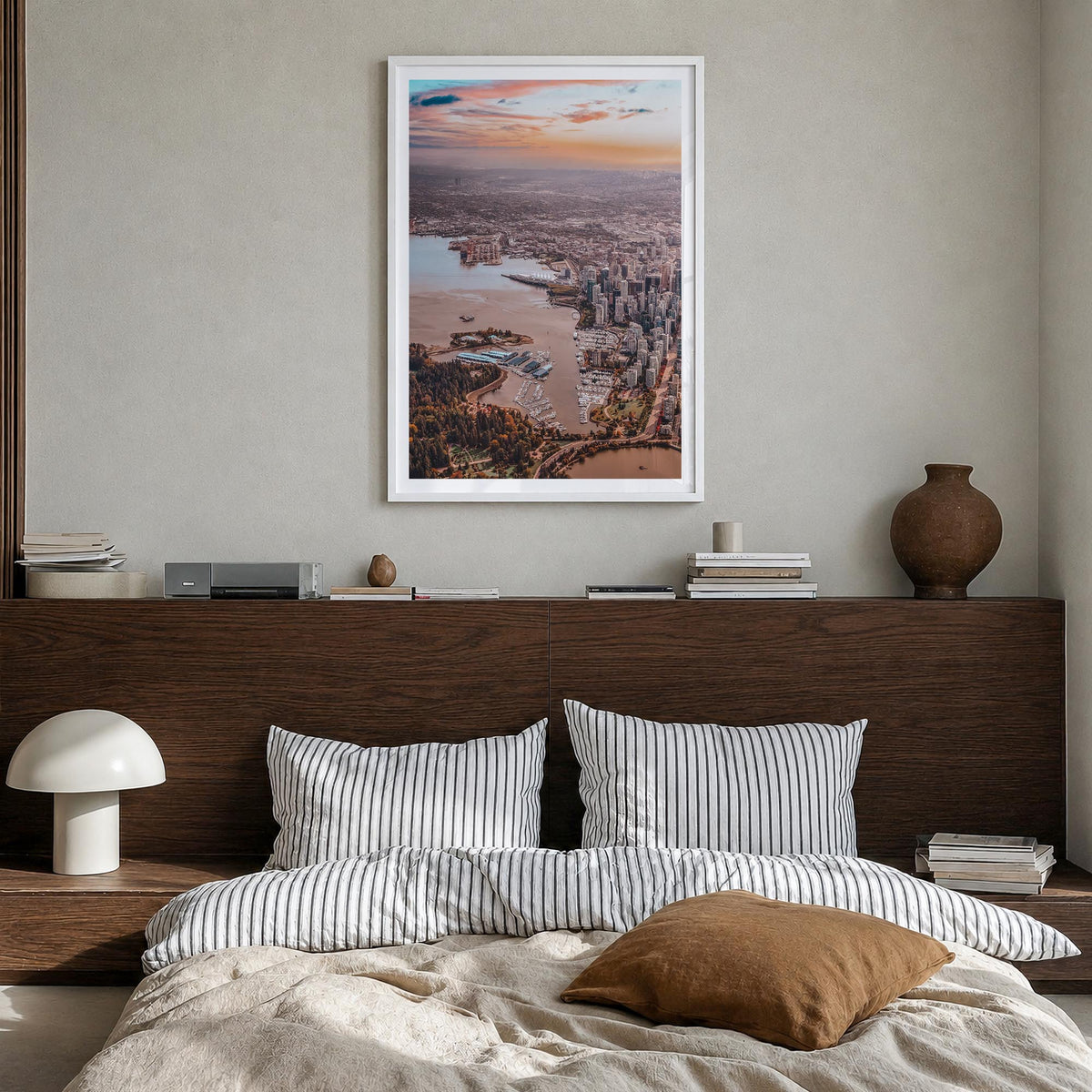 Vancouver, Canada no. 2 colorful photo poster of Canada – vertical wall art in white wood frame with white border, hanging on