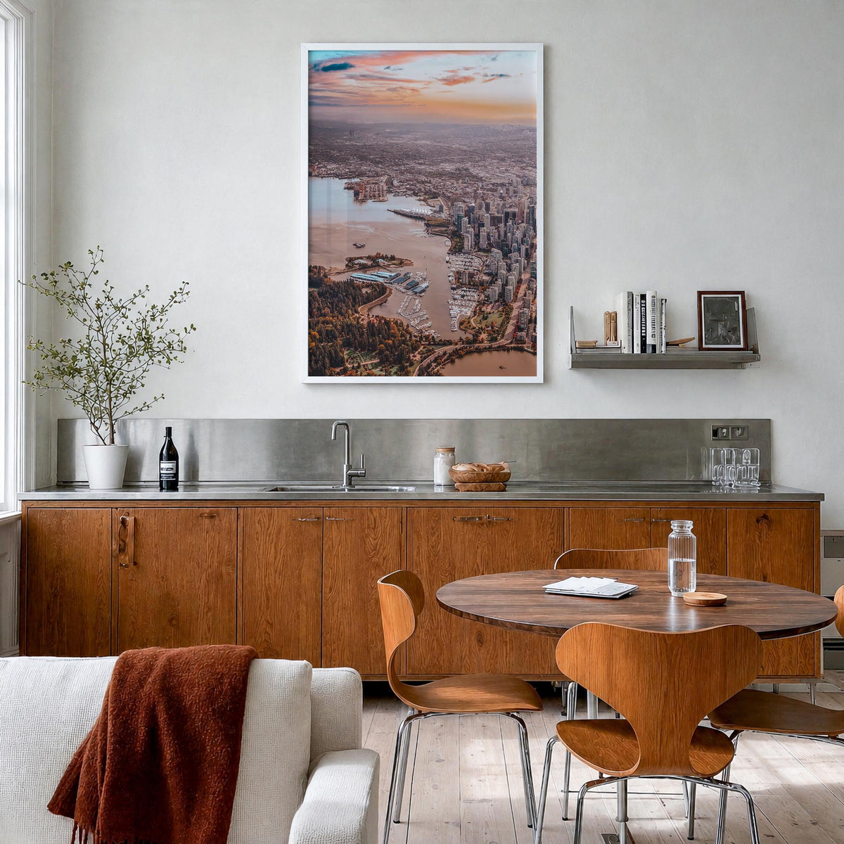 Vancouver, Canada no. 2 colorful photo poster of Canada – vertical wall art in white wood frame, hanging on wall