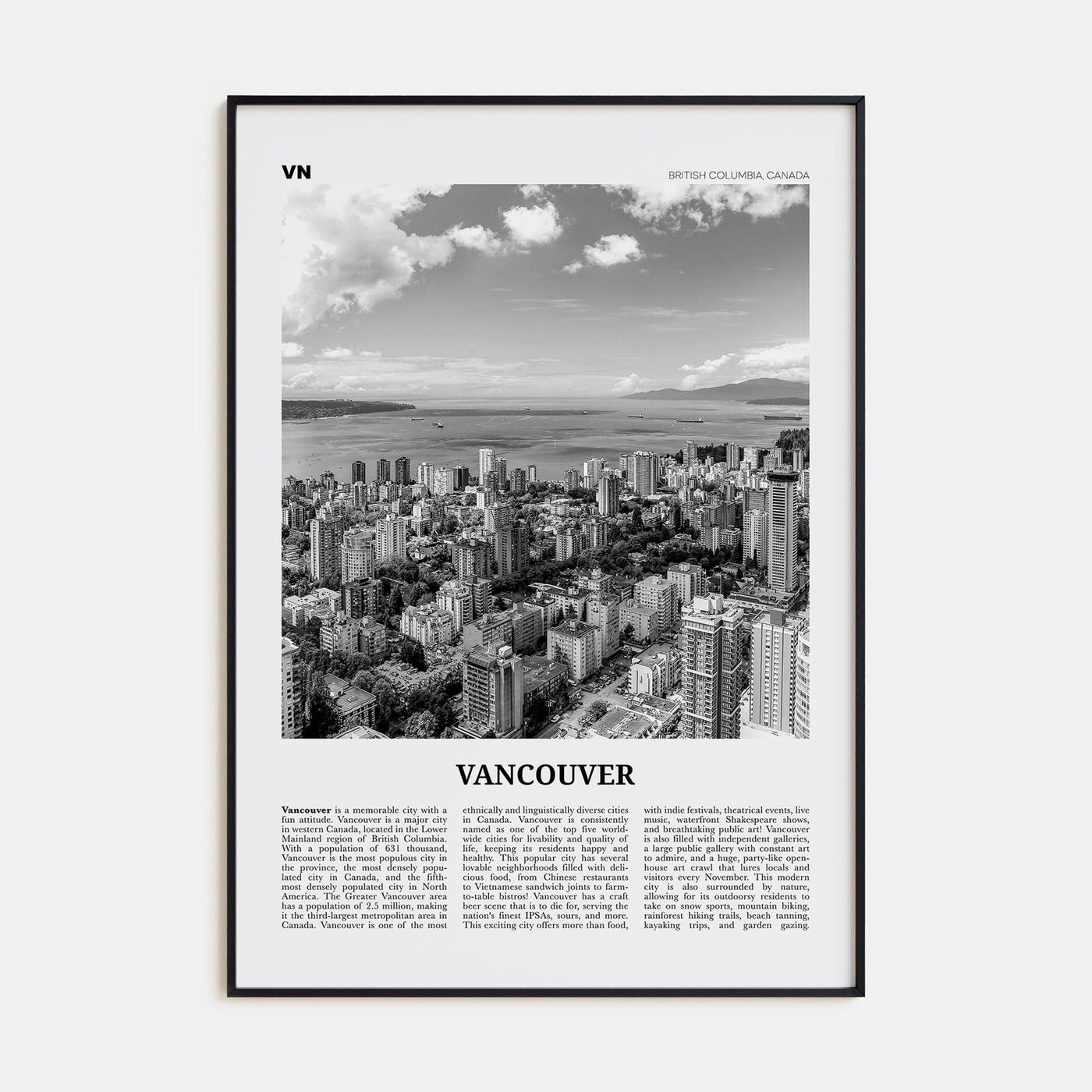 Vancouver, Canada No 2 Poster Black Metal / 8x12 in Nbourhood Travel B&W Poster