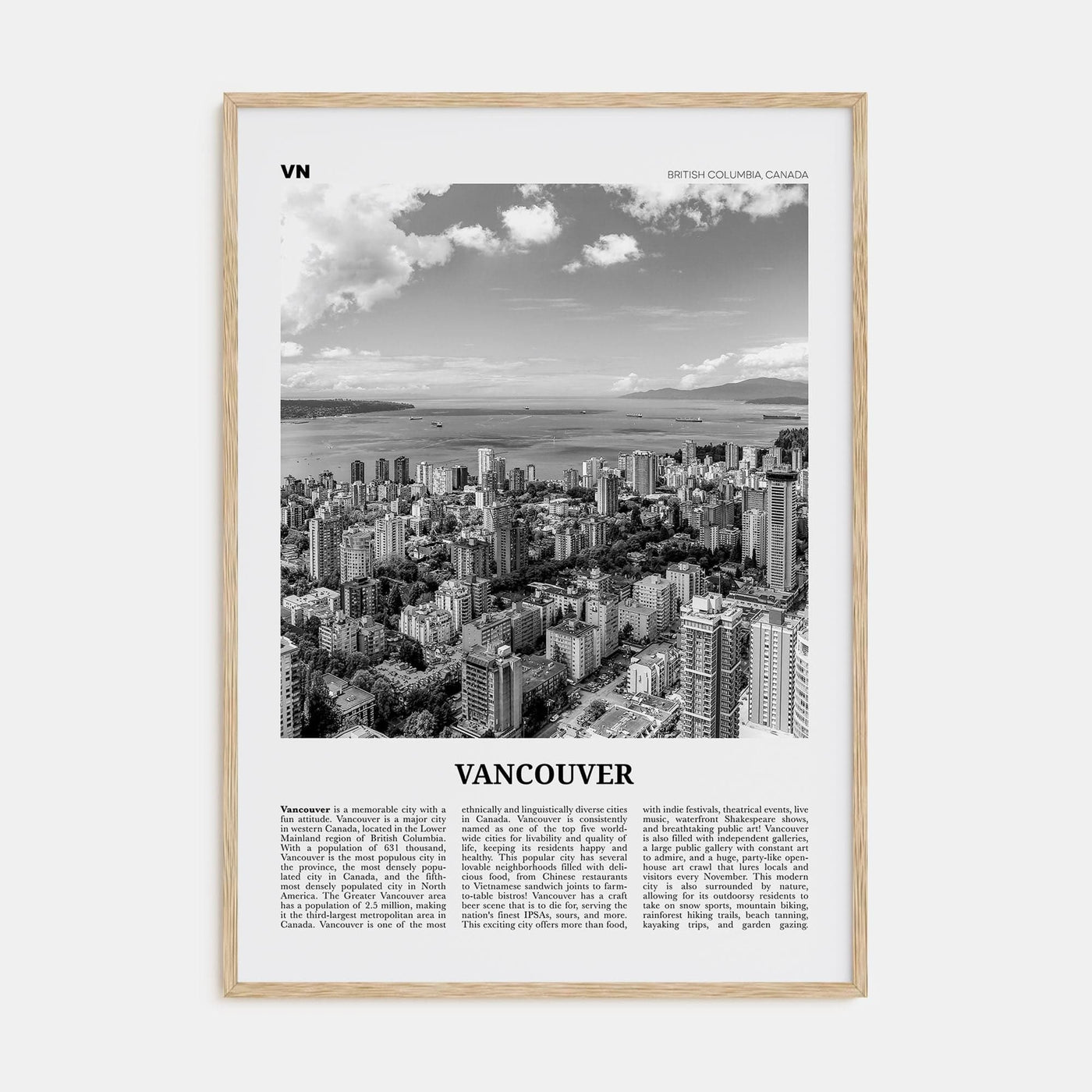 Vancouver, Canada No 2 Poster Natural Wood / 8x12 in Nbourhood Travel B&W Poster