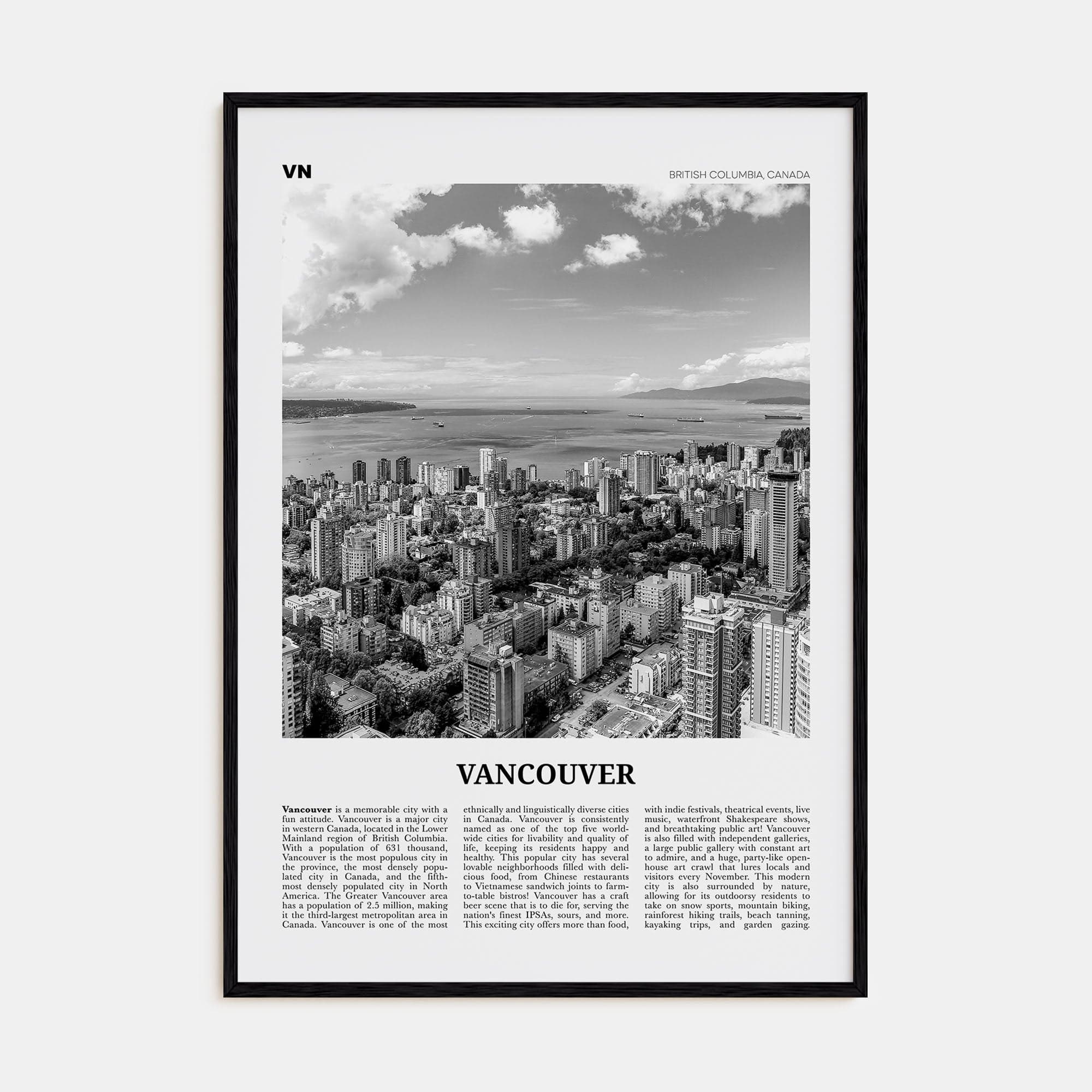 Vancouver, Canada No 2 Poster Black Wood / 8x12 in Nbourhood Travel B&W Poster