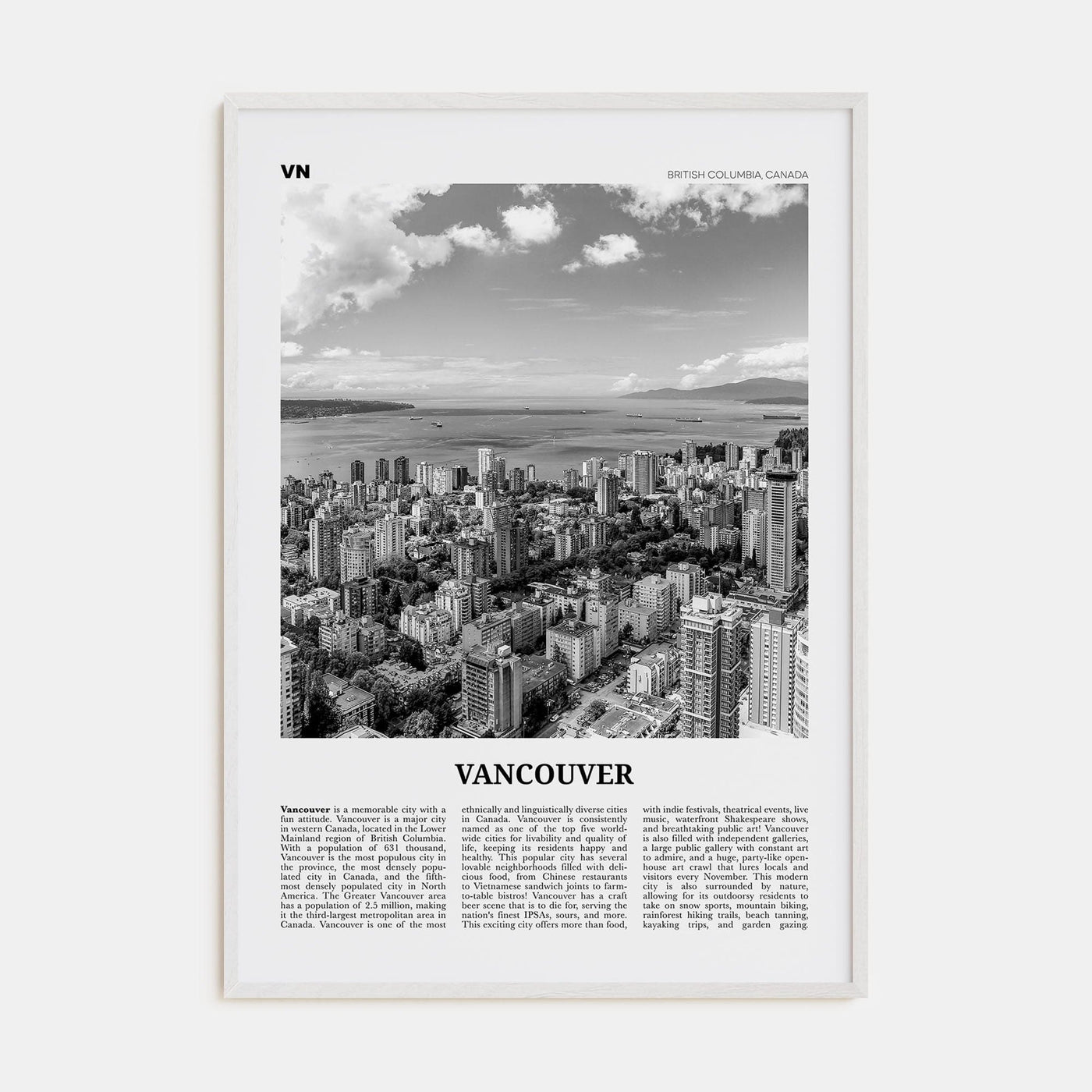 Vancouver, Canada No 2 Poster White Wood / 8x12 in Nbourhood Travel B&W Poster