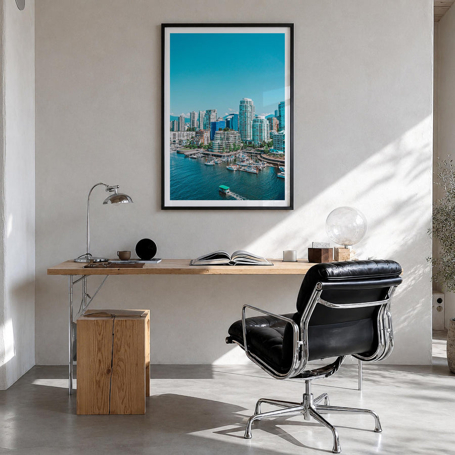 Vancouver, Canada no. 3 colorful photo poster of Canada – vertical wall art in black wood frame with white border, hanging on