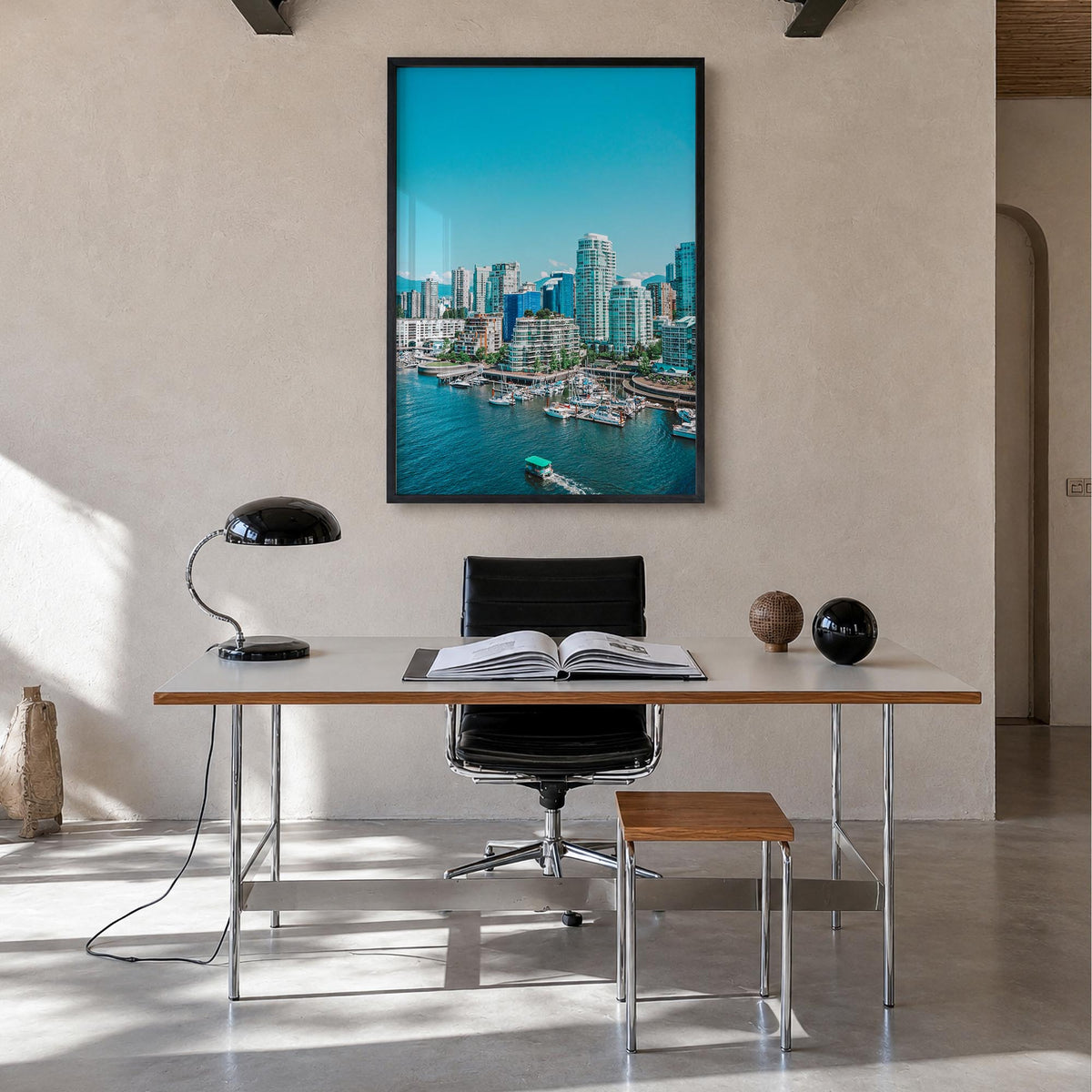 Vancouver, Canada no. 3 colorful photo poster of Canada – vertical wall art in black wood frame, hanging on wall