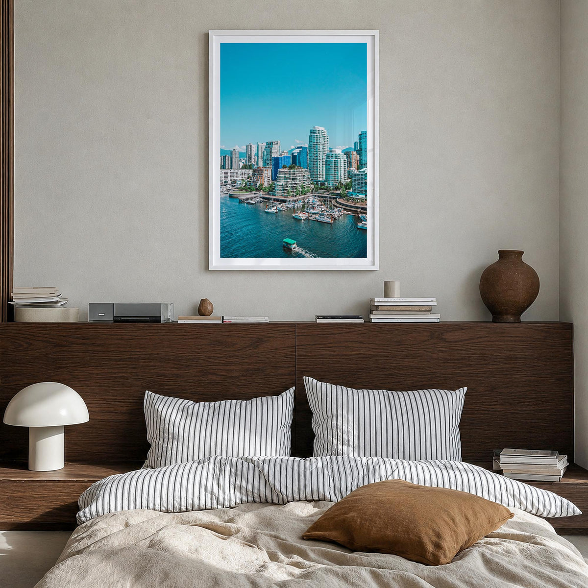 Vancouver, Canada no. 3 colorful photo poster of Canada – vertical wall art in white wood frame with white border, hanging on