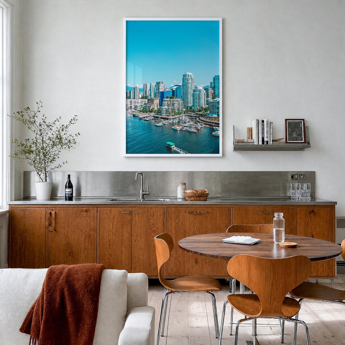 Vancouver, Canada no. 3 colorful photo poster of Canada – vertical wall art in white wood frame, hanging on wall