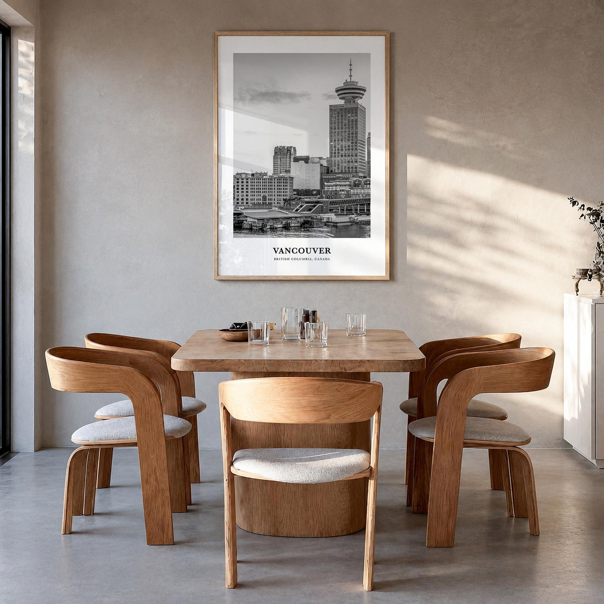 Vancouver, Canada no. 4 black & white classic poster of Canada – vertical wall art in natural wood frame, hanging on wall