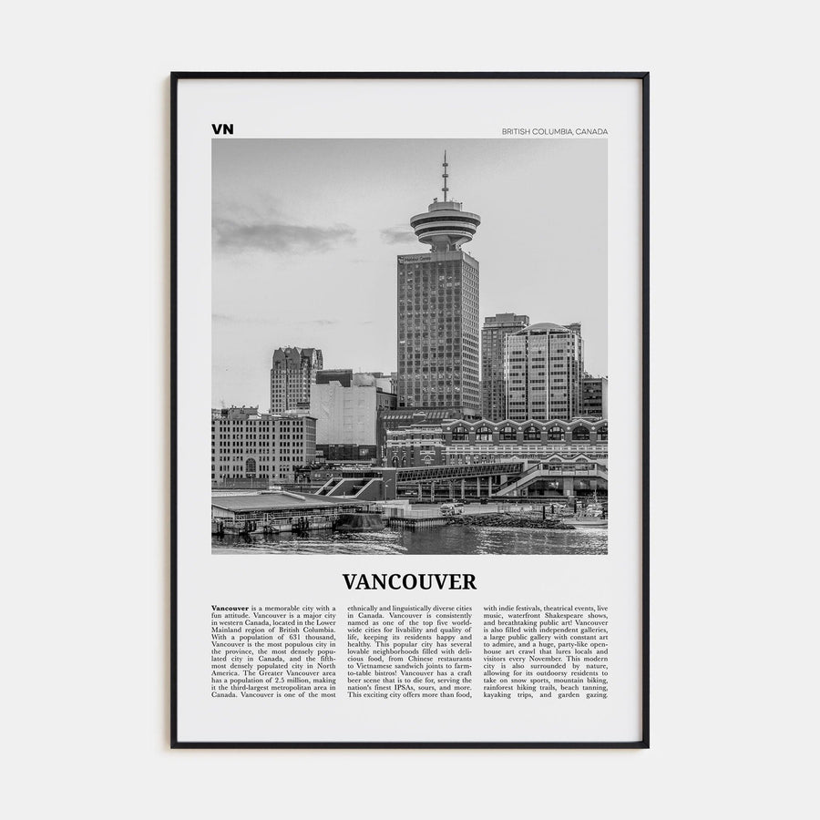 Vancouver, Canada No 4 Poster Black Metal / 8x12 in Nbourhood Travel B&W Poster