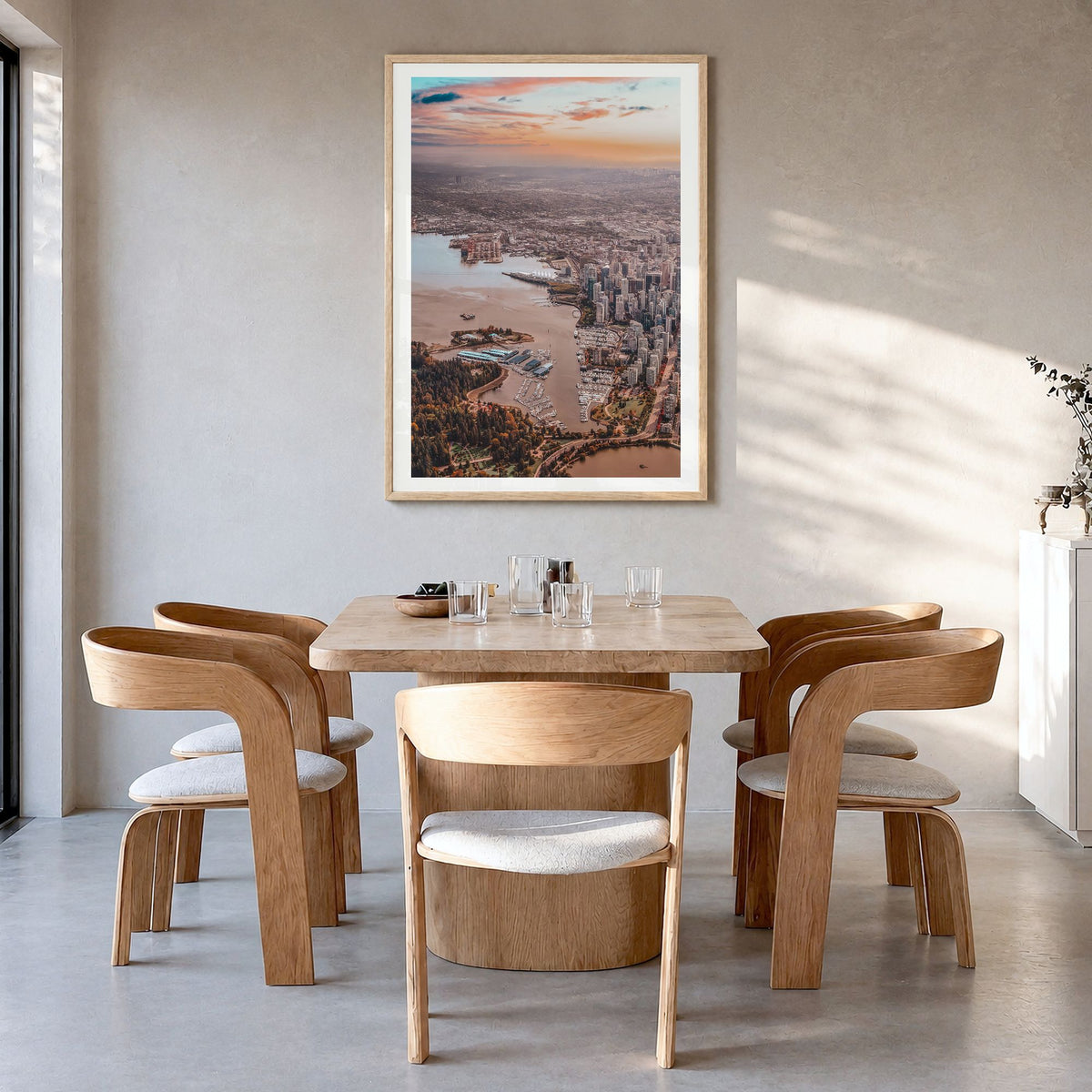 Vancouver, Canada Photo No 2 Poster in a natural wood frame, hanging in a dining room, white border