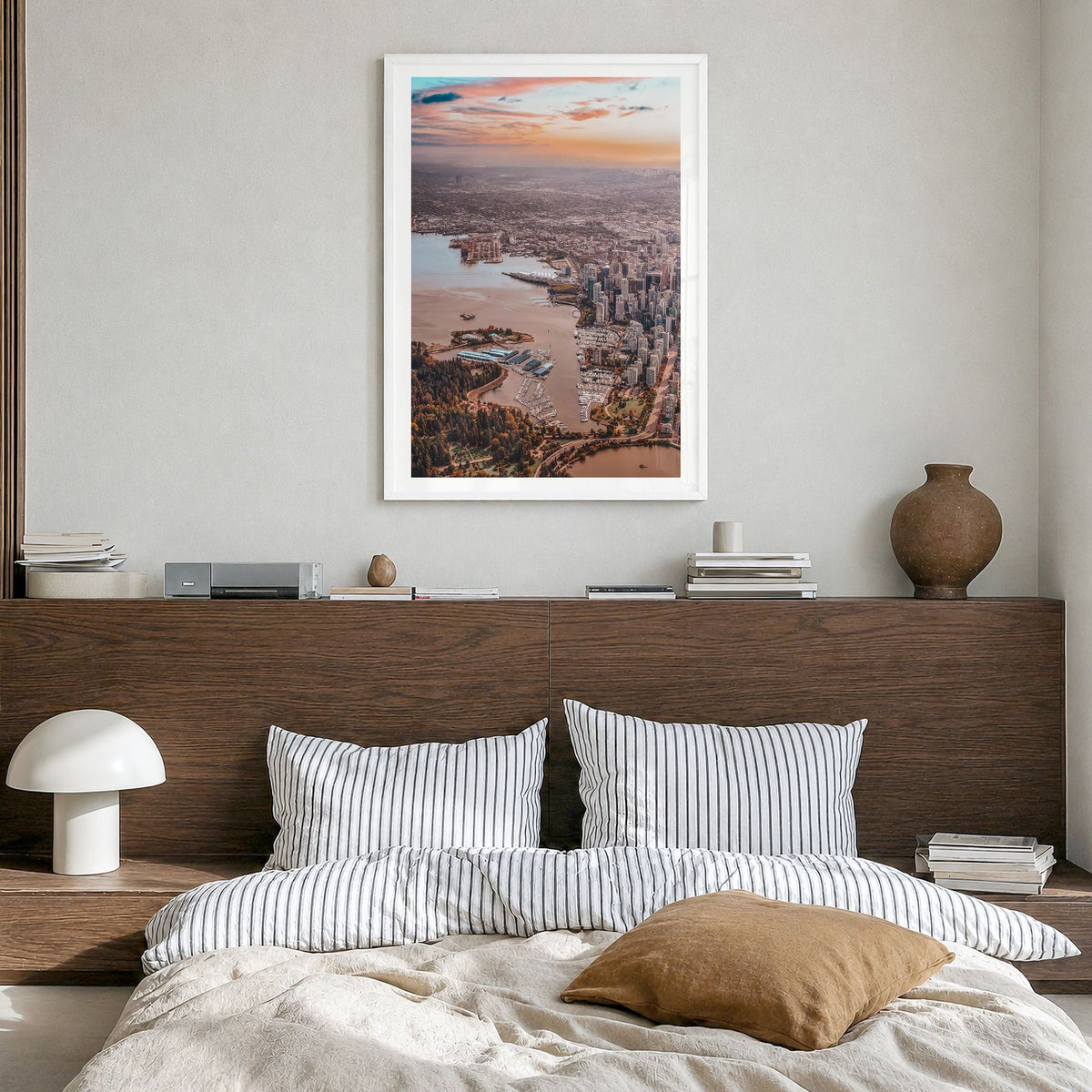 Vancouver, Canada Photo No 2 Poster in a white wood frame, hanging in a bedroom, white border