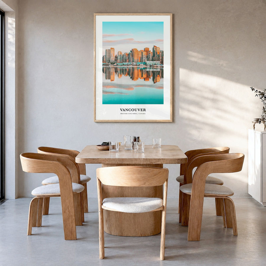 Vancouver, Canada Classic No 1 Poster in a natural wood frame, hanging in a dining room