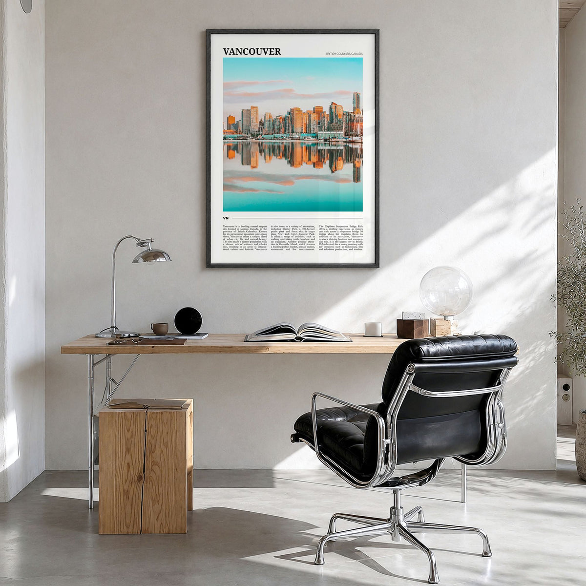 Vancouver, Canada Travel No 1 Poster in a black wood frame, hanging in a bright home office