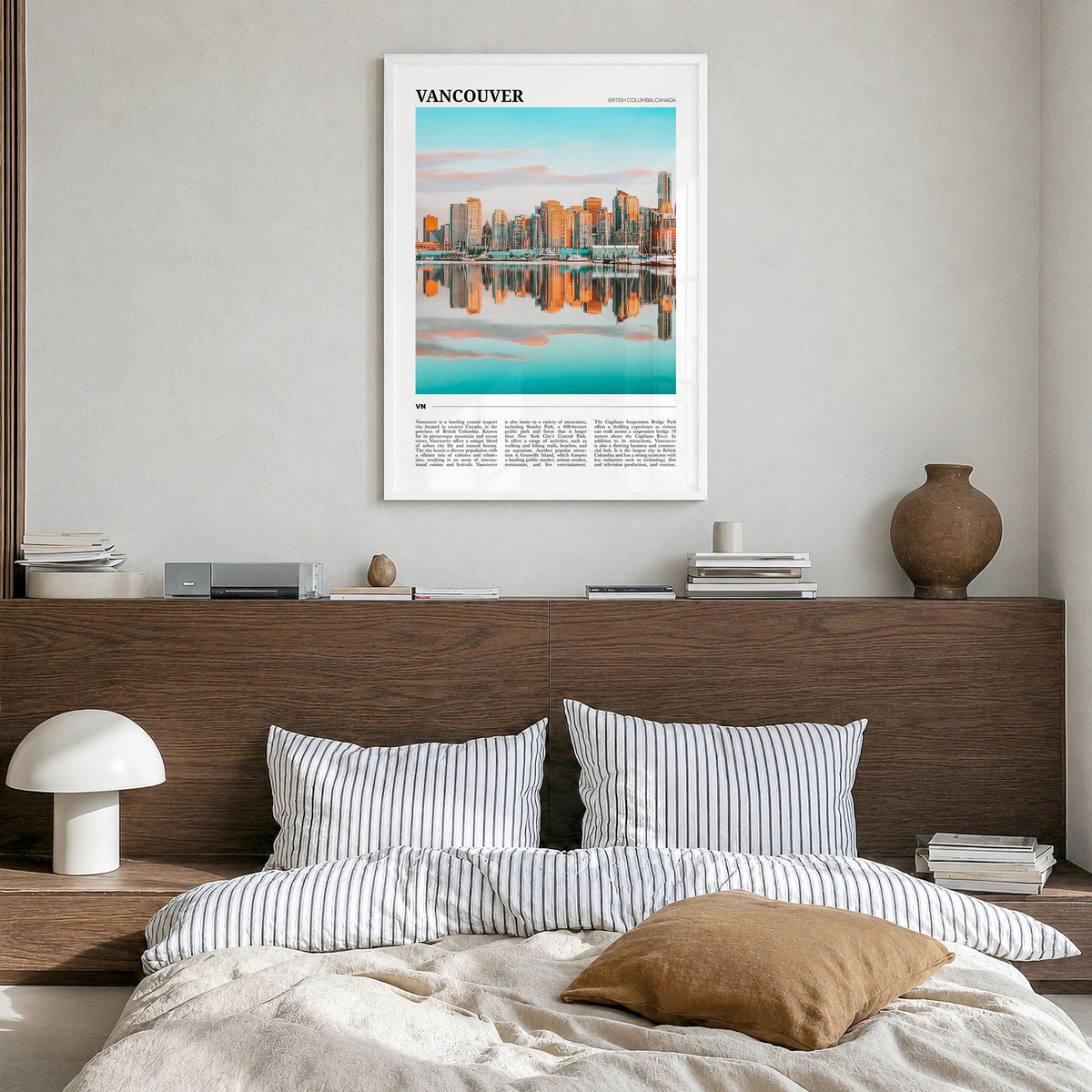 Vancouver, Canada Travel No 1 Poster in a white wood frame, hanging in a bedroom