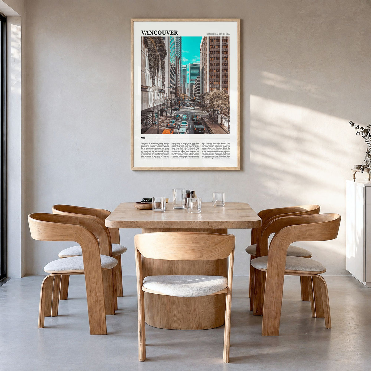 Vancouver, Canada Travel No 2 Poster in a natural wood frame, hanging in a dining room