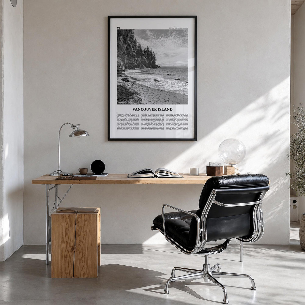 Vancouver Island black & white newspaper poster of British Columbia, Canada – vertical wall art in black wood frame, hanging 