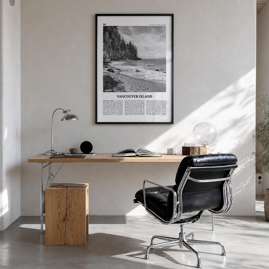 Vancouver Island black & white newspaper poster of British Columbia, Canada – vertical wall art in black wood frame, hanging 