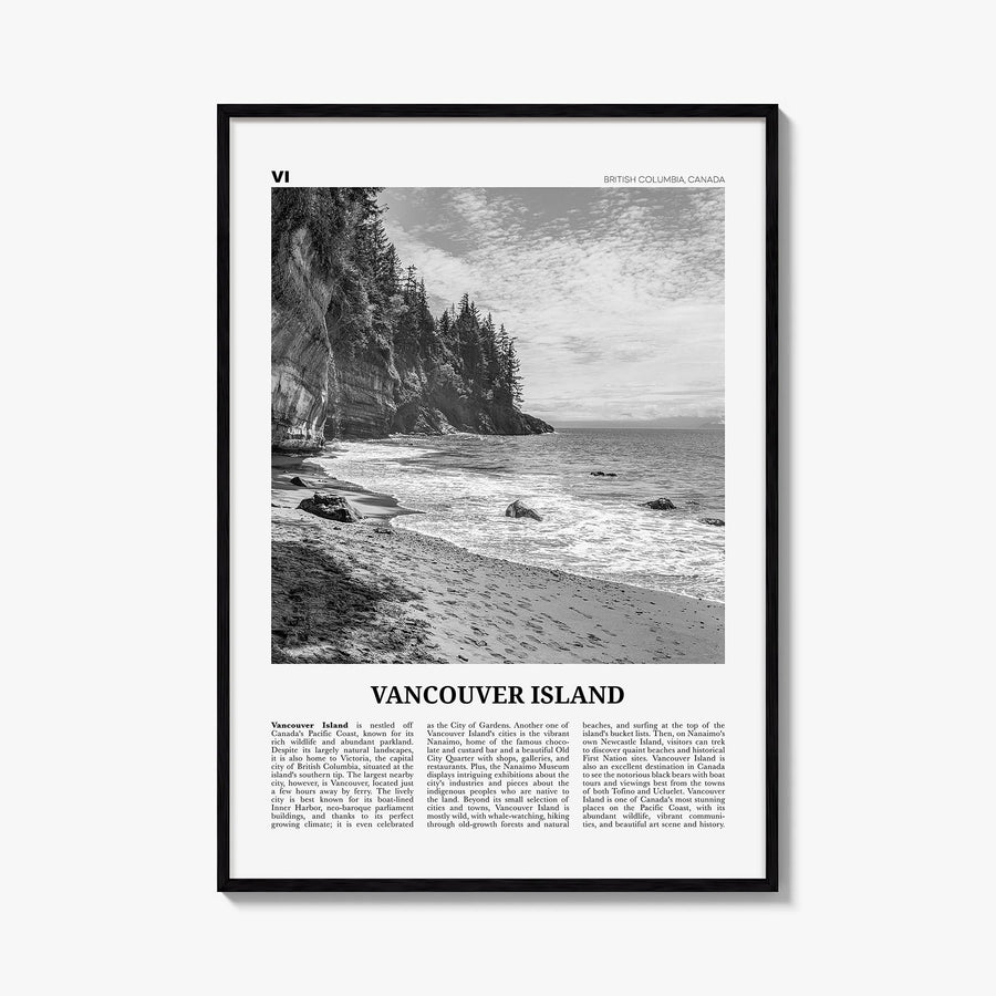 Vancouver Island black & white newspaper poster of British Columbia, Canada – vertical wall art, unframed print shown in inte