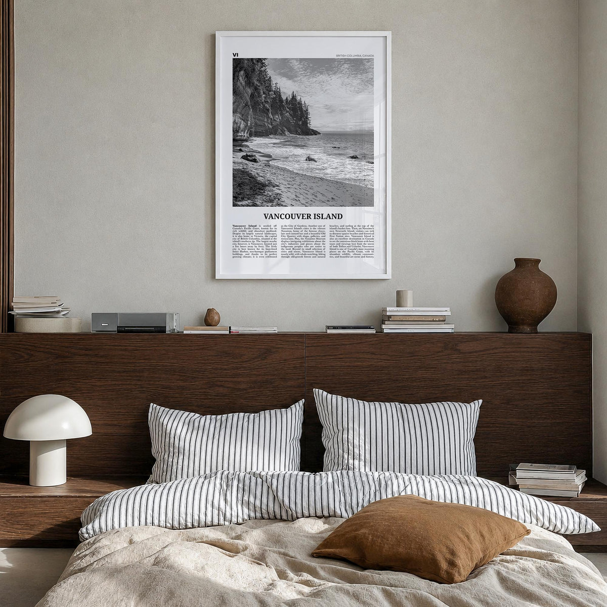 Vancouver Island black & white newspaper poster of British Columbia, Canada – vertical wall art in white wood frame, hanging 