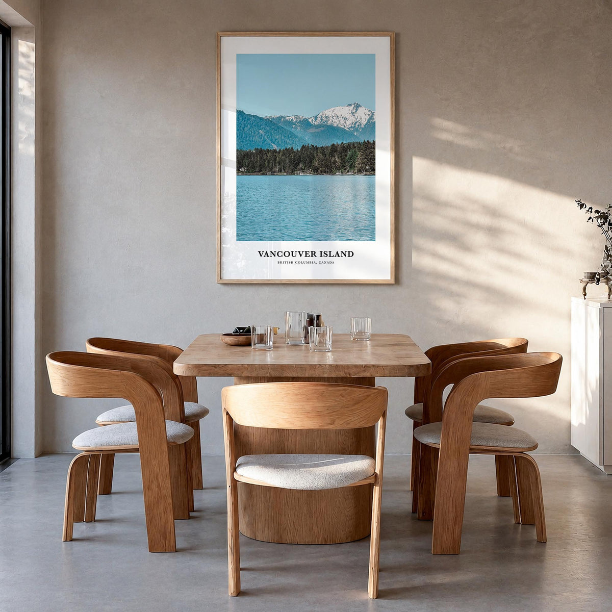 Vancouver Island colorful classic poster of British Columbia, Canada – vertical wall art in natural wood frame, hanging on wa