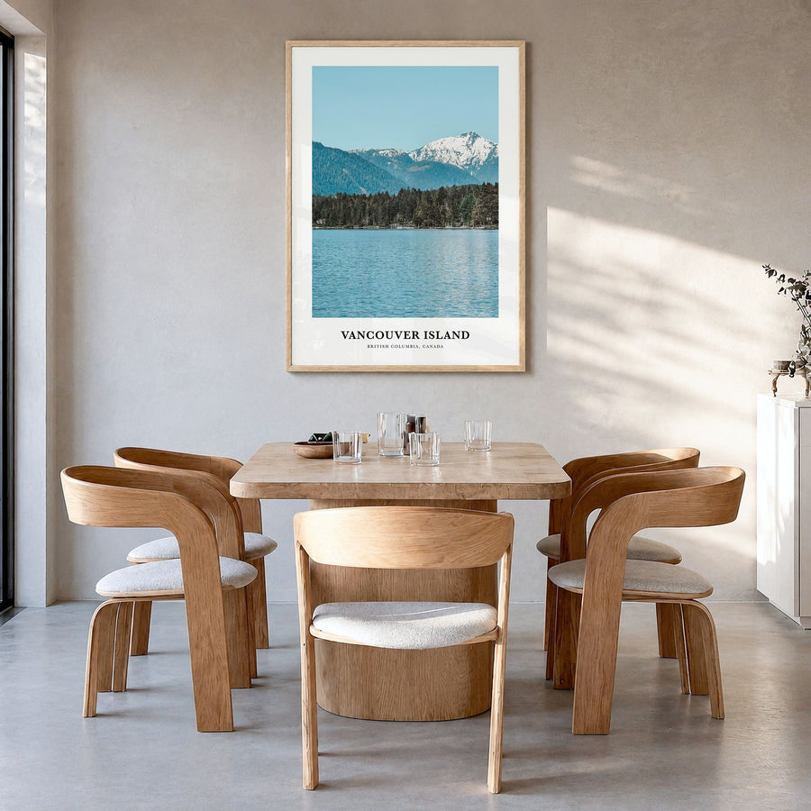 Vancouver Island Classic Poster in a natural wood frame, hanging in a dining room