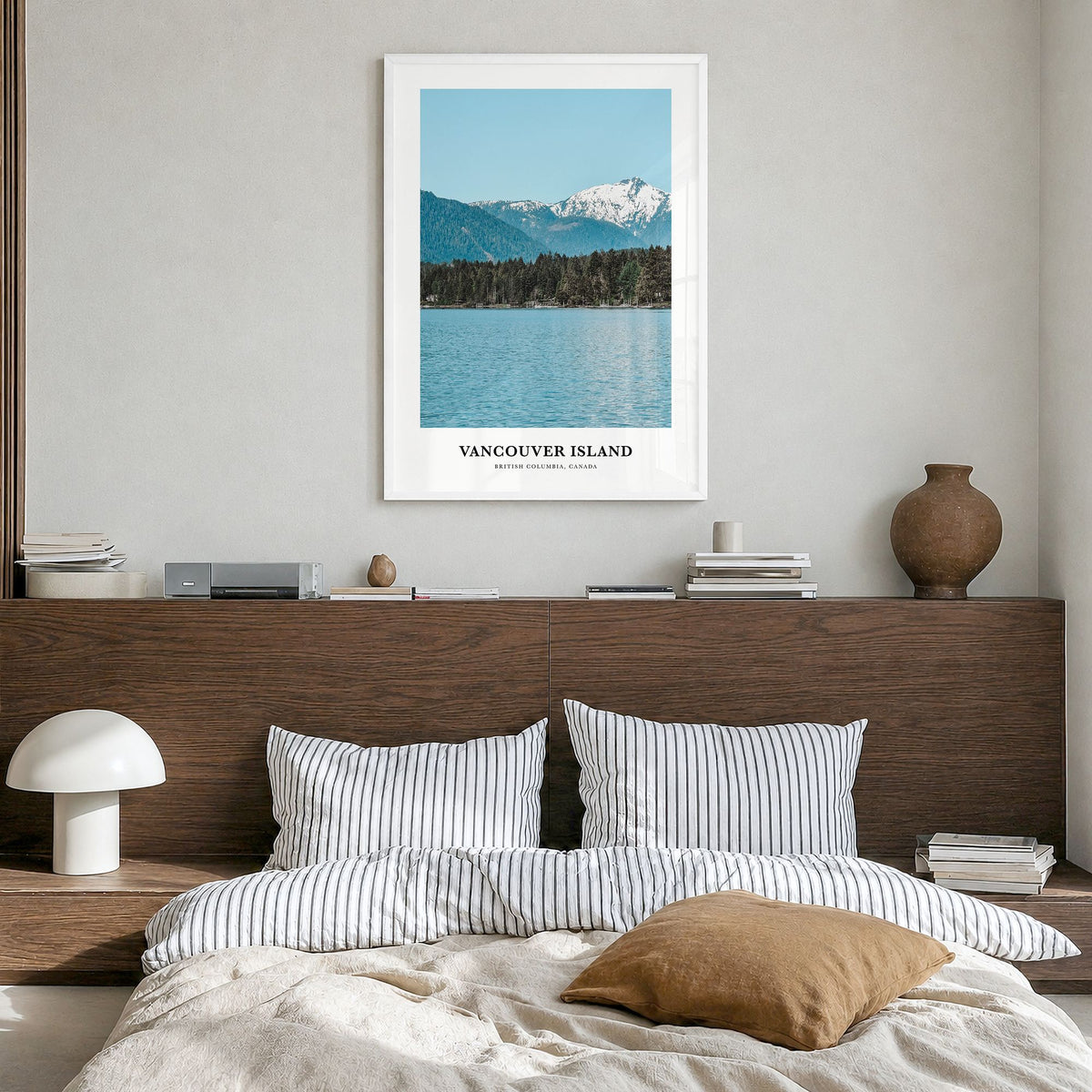 Vancouver Island Classic Poster in a white wood frame, hanging in a bedroom
