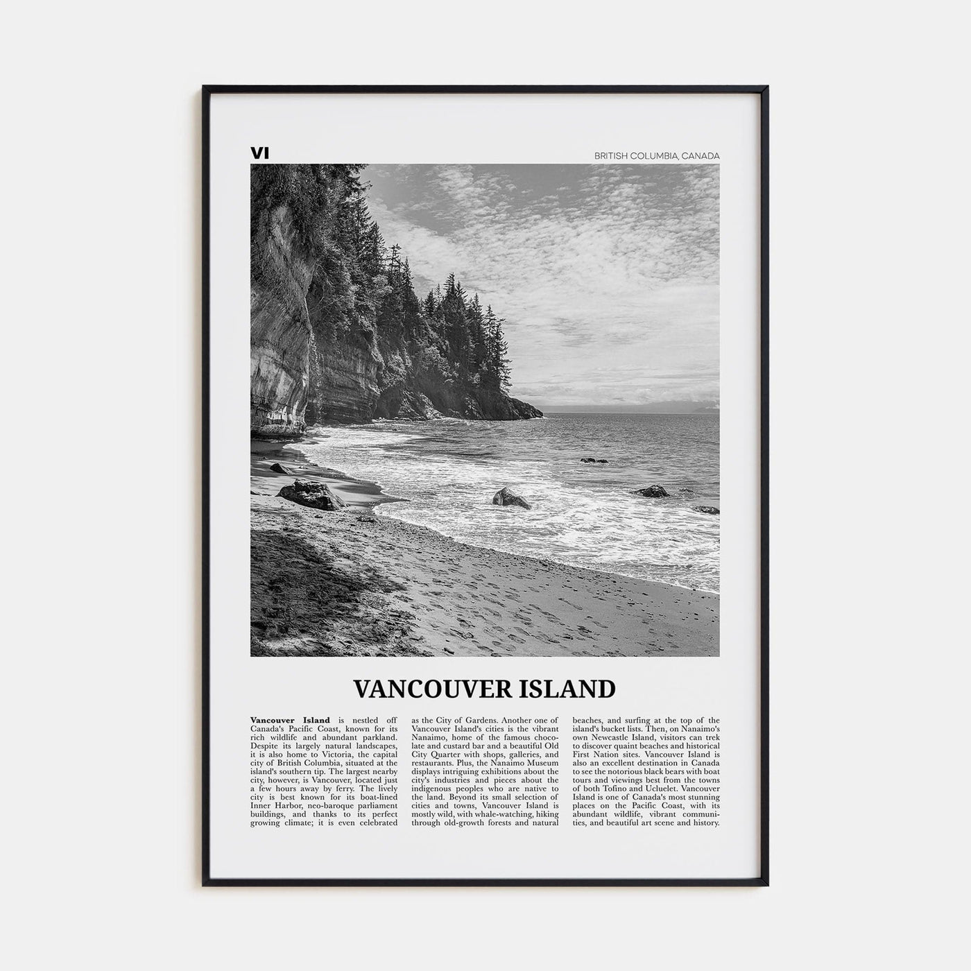 Vancouver Island Poster Black Metal / 8x12 in Nbourhood Travel B&W Poster