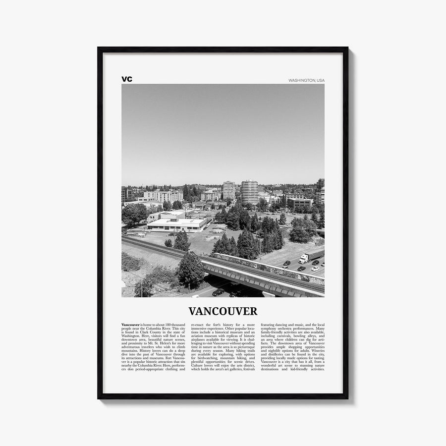 Vancouver, Washington black & white newspaper poster of Washington, USA – vertical wall art, unframed print shown in interior
