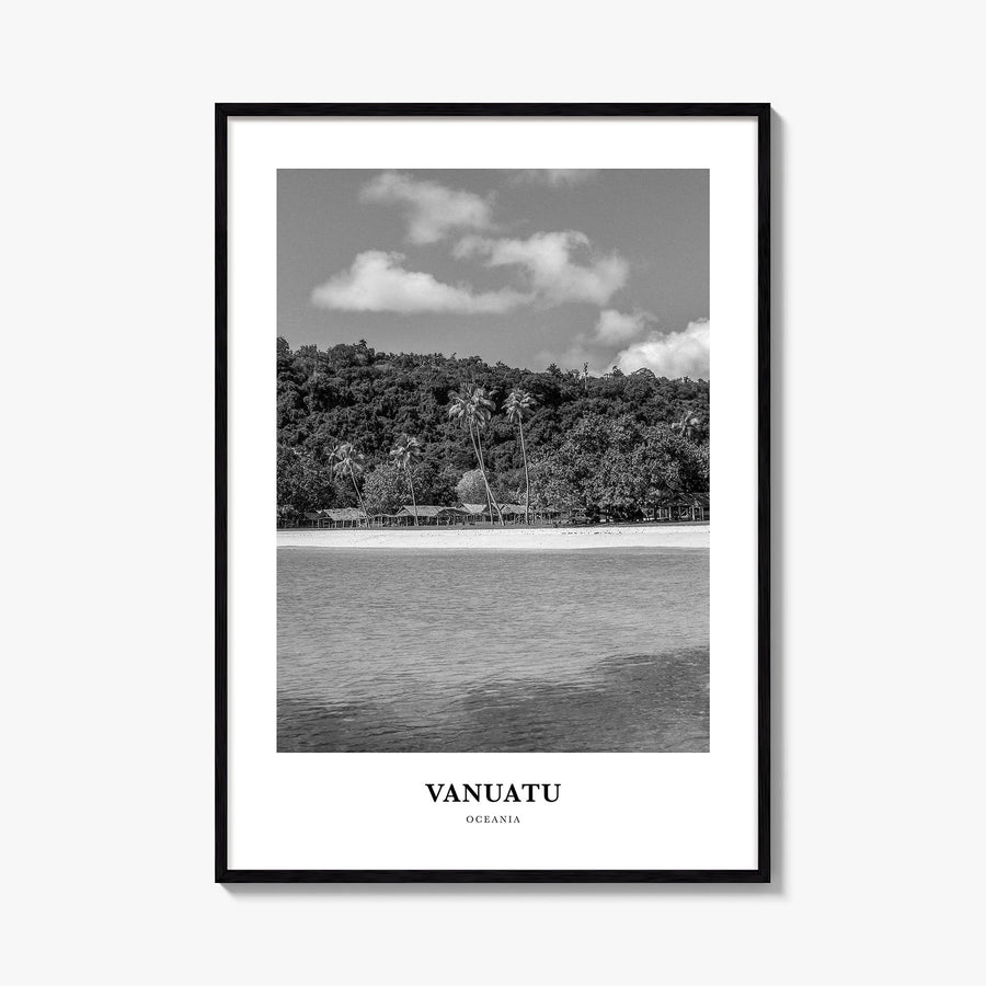 Vanuatu black & white classic poster of Oceania – vertical wall art, unframed print shown in interior mockup