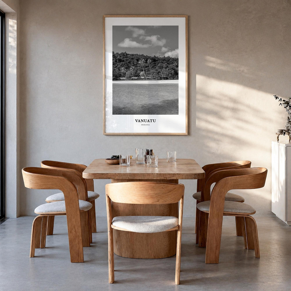 Vanuatu black & white classic poster of Oceania – vertical wall art in natural wood frame, hanging on wall