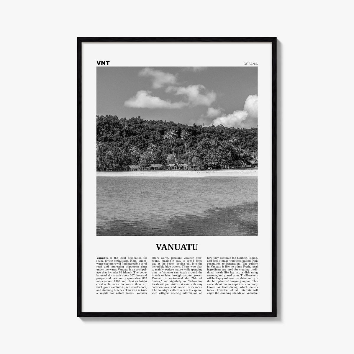 Vanuatu black & white newspaper poster of Oceania – vertical wall art, unframed print shown in interior mockup