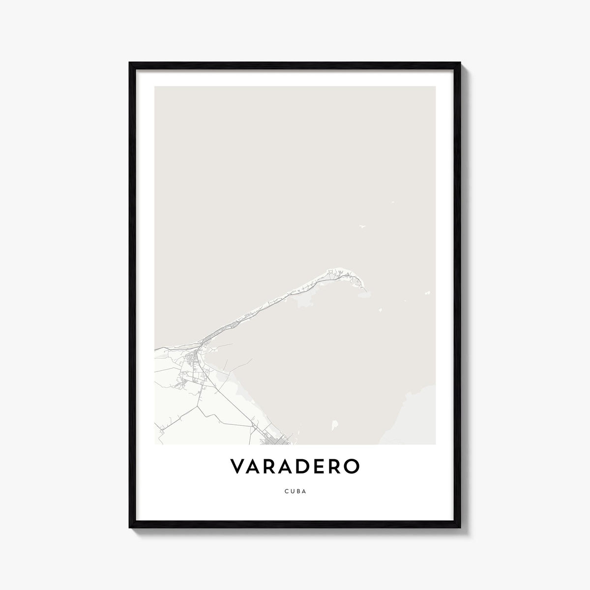 Varadero black & white map poster of Cuba – vertical wall art, unframed print shown in interior mockup