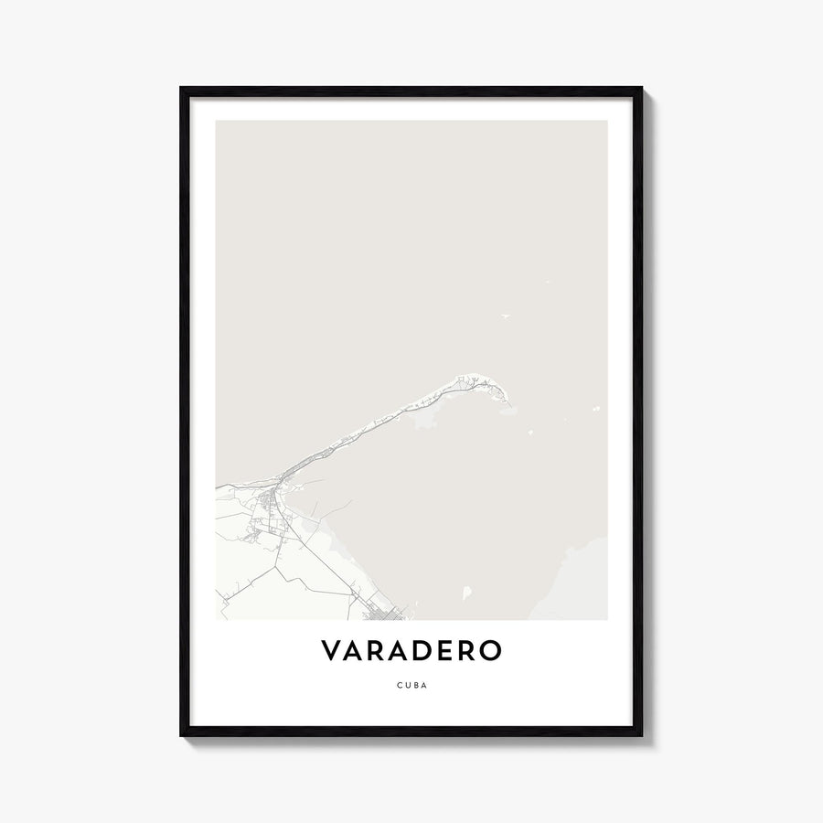 Varadero black & white map poster of Cuba – vertical wall art, unframed print shown in interior mockup