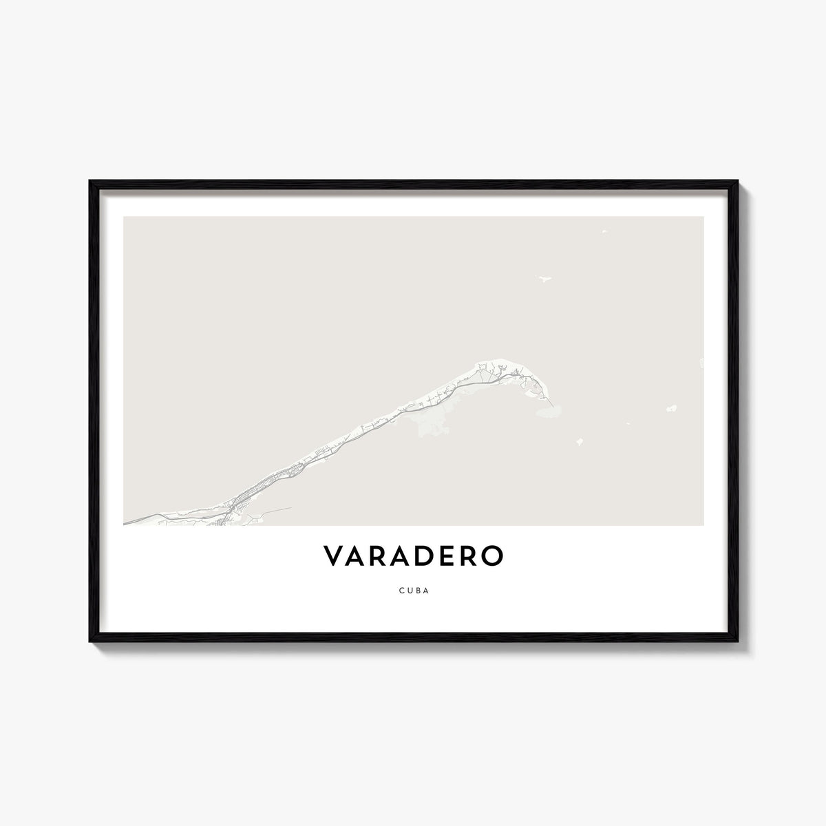 Varadero black & white map poster of Cuba – horizontal wall art, unframed print shown in interior mockup