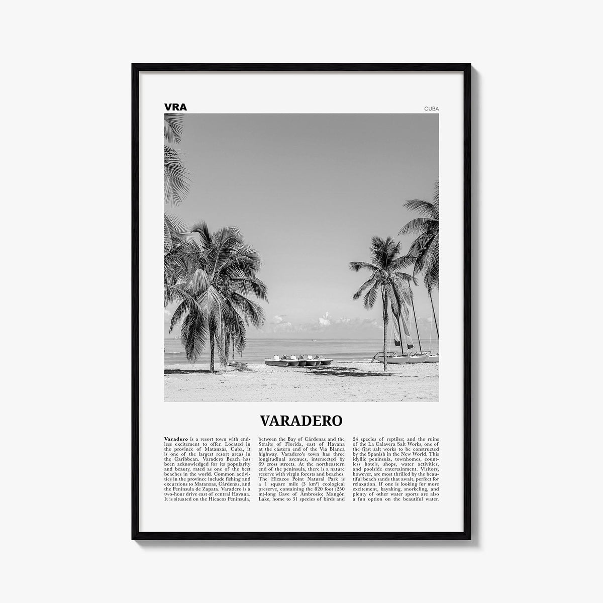 Varadero black & white newspaper poster of Cuba – vertical wall art, unframed print shown in interior mockup