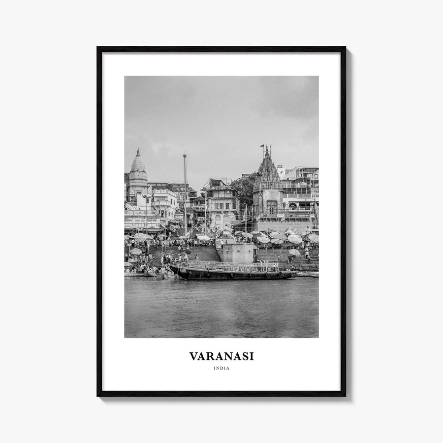 Varanasi black & white classic poster of India – vertical wall art, unframed print shown in interior mockup