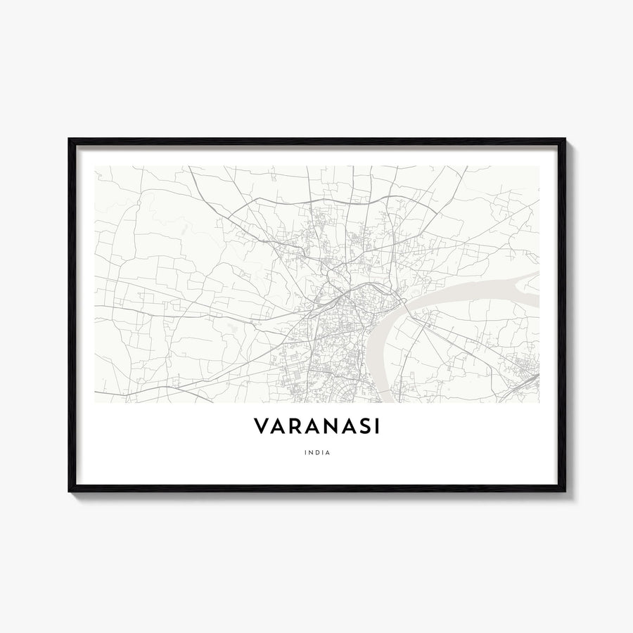 Varanasi black & white map poster of India – horizontal wall art, unframed print shown in interior mockup
